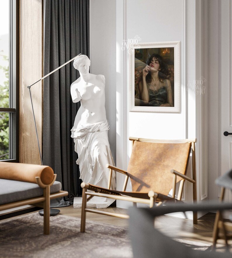 May include: A white plaster statue of a woman standing in a living room with a brown leather armchair, a gray sofa, and a framed painting of a woman with a cigarette hanging from her lips. The painting is titled "BOHO NEW ART".