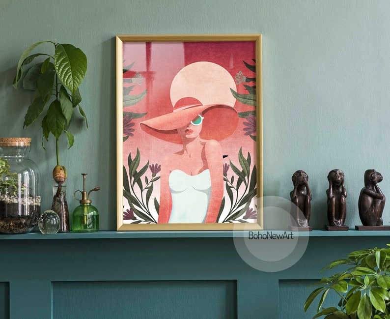 May include: A digital illustration of a woman wearing a large, pink sun hat and a white dress. The background is a pink and red sunset with green foliage.