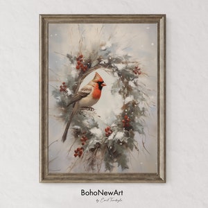 Snowy Winter Cardinal Bird Christmas Printable Wall Art Christmas Wall Art Winter Print Christmas  Holiday Decor Winter OilPainting Poster