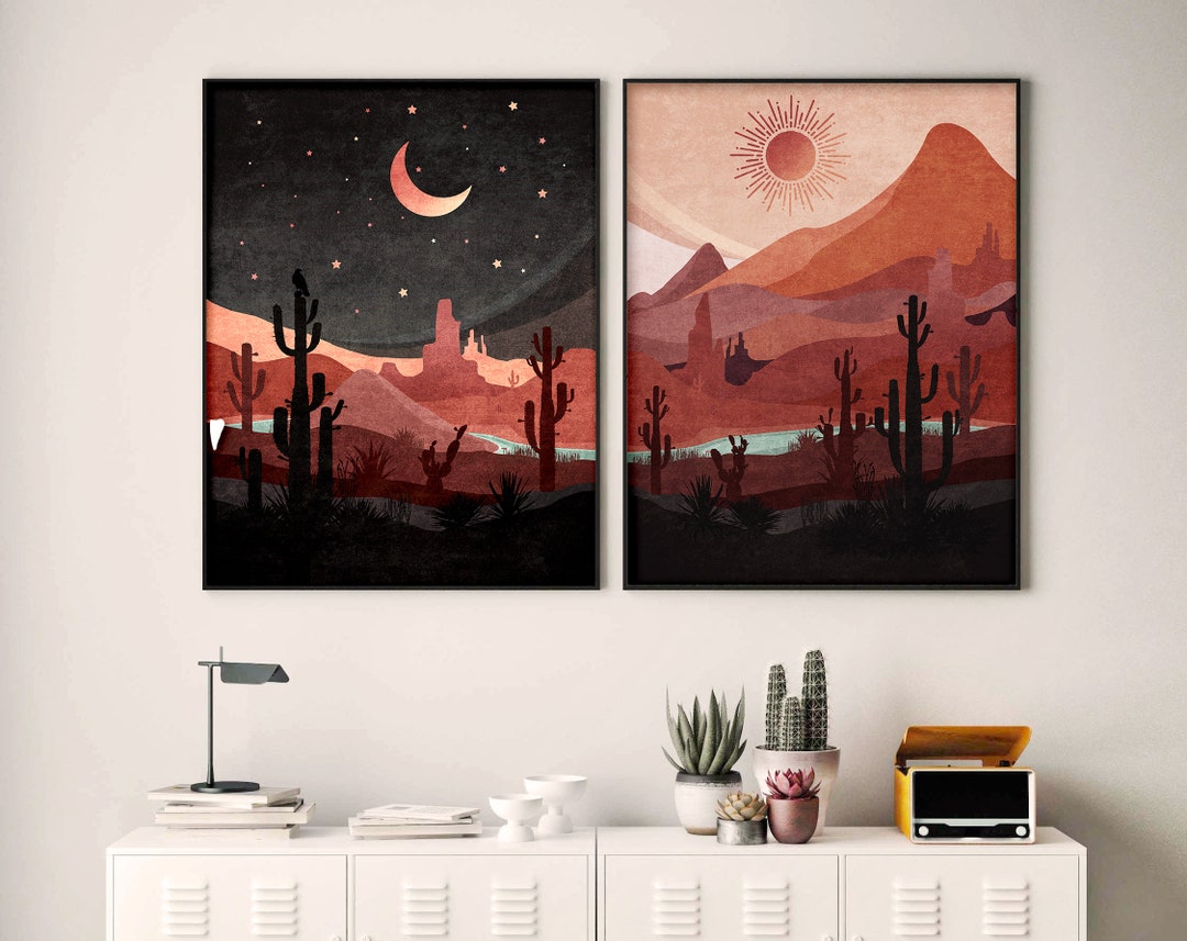 Day and Night Western Desert Landscape Print. Cactus Wall Art. Etsy