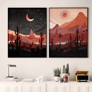 Day and Night Western Desert Landscape Print. Cactus Wall Art. Set of 2 Boho Sun and Moon Abstract Prints, Landscape Dessert Poster