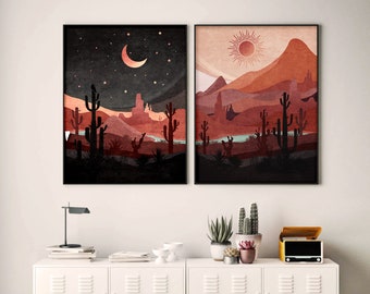 Dag en nacht Western Desert Landscape Print. Cactus Muur Kunst. Set van 2 Boho Sun en Moon Abstract Prints, Landscape Dessert Poster