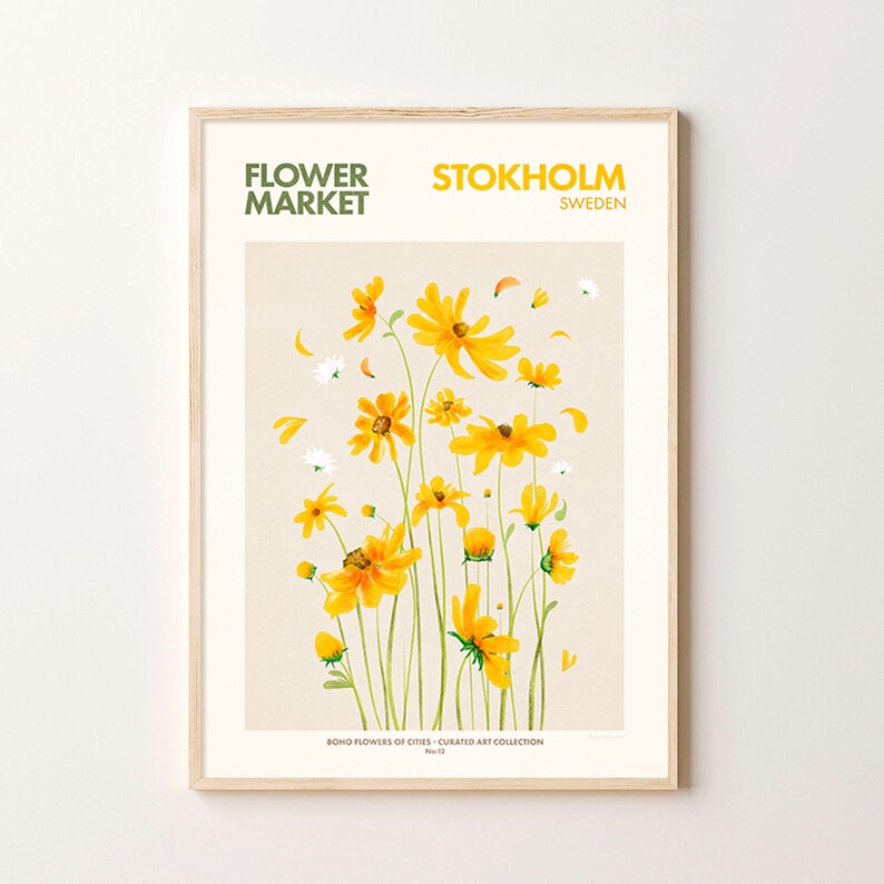 May include: A poster with a watercolor illustration of yellow flowers with green stems against a beige background. The poster has the text "FLOWER MARKET" in green and "STOCKHOLM SWEDEN" in black.