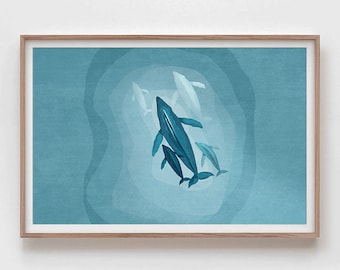 Whale family Wall Art, Humpback Whale Print, Whale Wall Decor, Underwater Ocean, Wildlife Wall Art, Whale Illustration Print