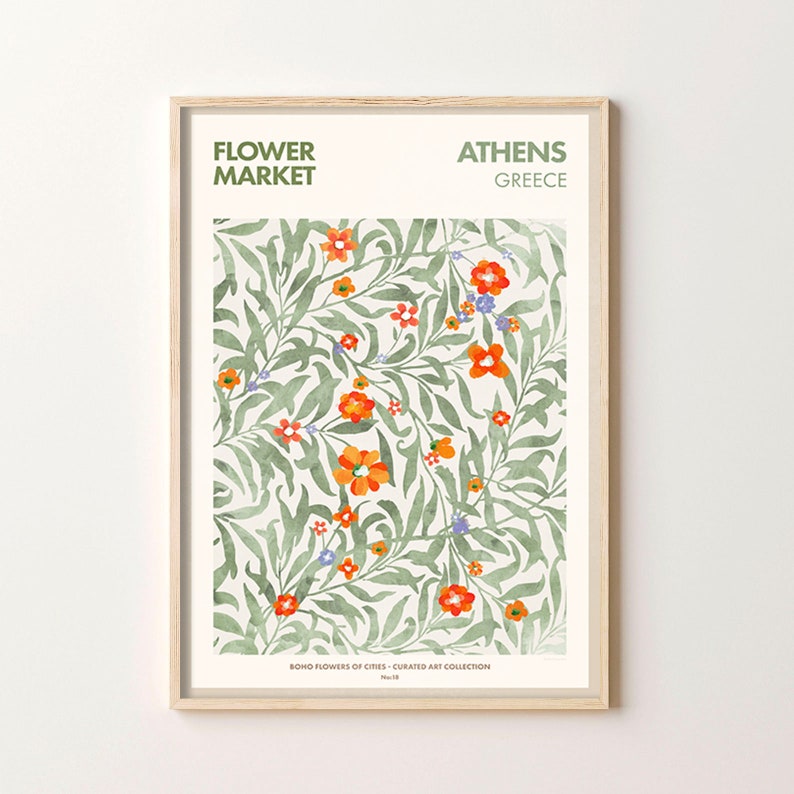 May include: A framed print with a floral pattern in shades of green, orange, and blue. The print features the text "FLOWER MARKET ATHENS GREECE" and "BOND FLOWERS OF CITIES - CURATED ART COLLECTION".