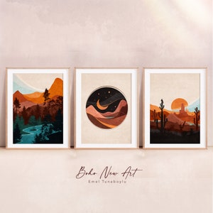 Landscape Wall Art. Sun And Moon Print Set. Western Desert. River Mountain Print Set of 3 Print. Boho Moon Digital download. Modern Boho Art