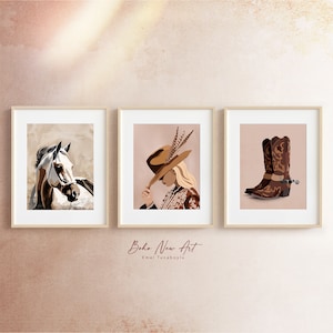 Western Boho Set of 3 Prints, Cowgirl, Horse and Cowboy Boots, Cowboy Wall Art, Western Poster Set, digital art set, cowgirl style poster