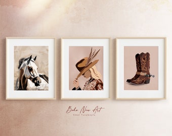 Western Boho Set of 3 Prints, Cowgirl, Horse and Cowboy Boots, Cowboy Wall Art, Western Poster Set, digital art set, cowgirl style poster