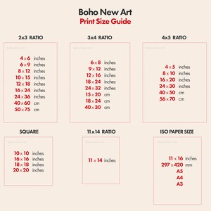 May include: A chart showing different print size ratios for art prints, including 2x3, 3x4, 4x5, square, 11x14, and ISO paper sizes. The chart lists the dimensions in inches and centimeters.