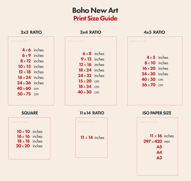 May include: A chart showing different print size ratios for art prints, including 2x3, 3x4, 4x5, square, 11x14, and ISO paper sizes. The chart lists the dimensions in inches and centimeters.