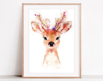 Deer With Flower, Girl Nursery Deer Wall Art, Floral Deer Print, Girl Nursery Printable Baby Deer With Flowers, Baby Deer Girl Nursery
