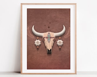 Boho Wall Art, Western Wall art, Buffalo Skull Art & Wild West Digital Printable, Digital Poster, Buffalo Skull Print Decor, Digital Poster,
