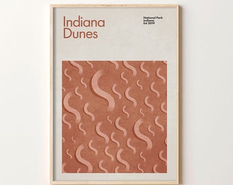 Indiana Dunes National Park, Minimalistyczny wydruk artystyczny, Jezioro Michigan Mid-Century plakat podróżniczy, Styl vintage plakat podróżniczy, Wydmy piaszczyste plakat