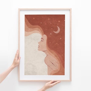 Puede incluir: Una ilustraci&oacute;n digital de una mujer con el pelo largo y suelto. El pelo es un degradado de naranja y marr&oacute;n, y el fondo es un degradado de rojo y naranja. La mujer tiene una luna creciente y estrellas en el pelo.