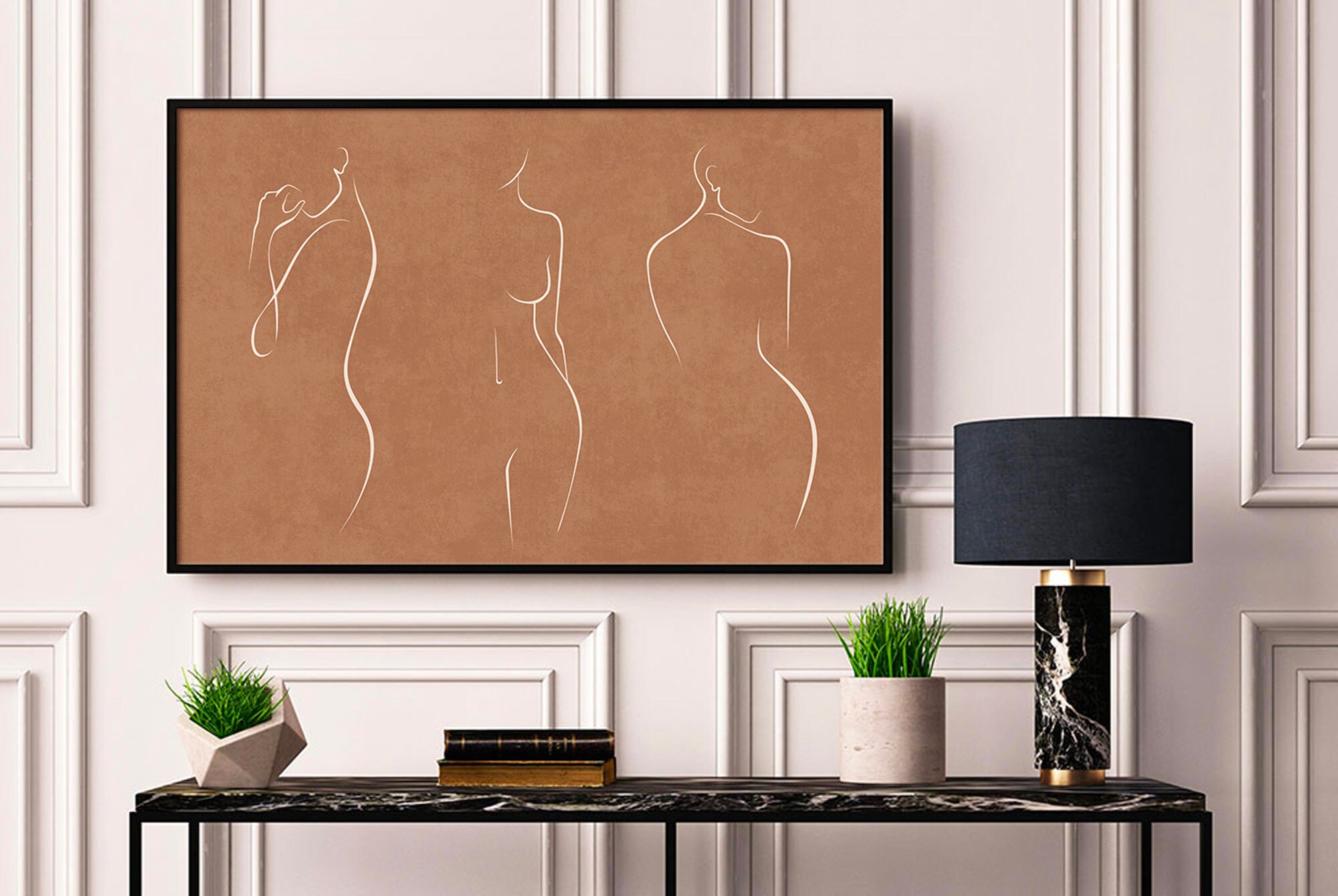 Terracotta Female Nude Line Art Orange Background Horizontal Poster ...
