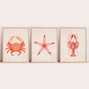 Set of 3 Prints,Red Lobster, Crab, Seastar Watercolor Art,  Nautical Printables, Digital WallArt, DIY Wall Décor, Hampton Style, Digital Art