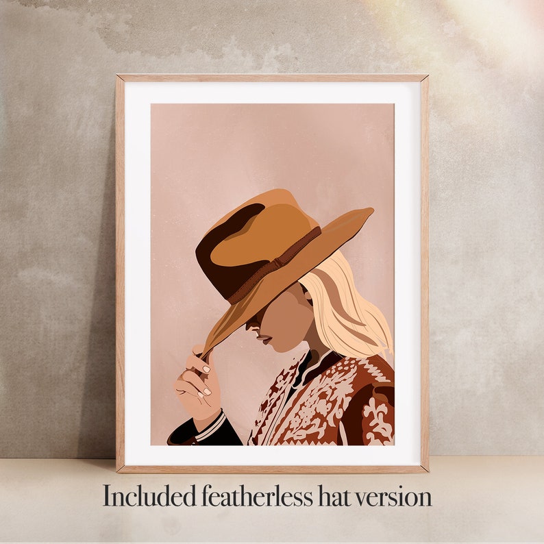 May include: A digital illustration of a person wearing a brown cowboy hat and a patterned jacket. The background is a light pink color.