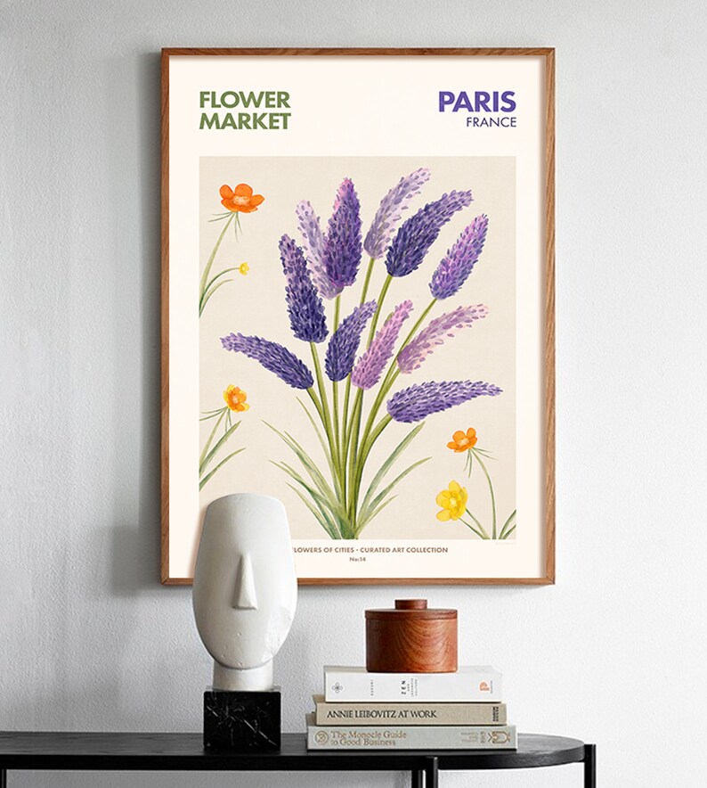 May include: A framed botanical illustration of purple and lavender flowers with orange and yellow flowers in the background. The text "FLOWER MARKET" and "PARIS FRANCE" is at the top of the image.