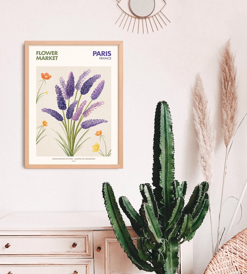 May include: A framed botanical illustration of purple flowers with green stems and leaves. The illustration is titled "Flower Market, Paris, France".