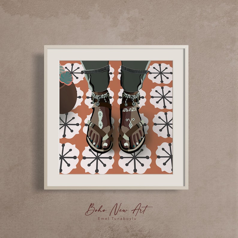May include: Illustration of feet wearing brown sandals with decorative silver anklets, paired with dark jeans. The sandals have intricate patterns and are set against a background of a patterned orange and white floor. The artwork is framed and signed.