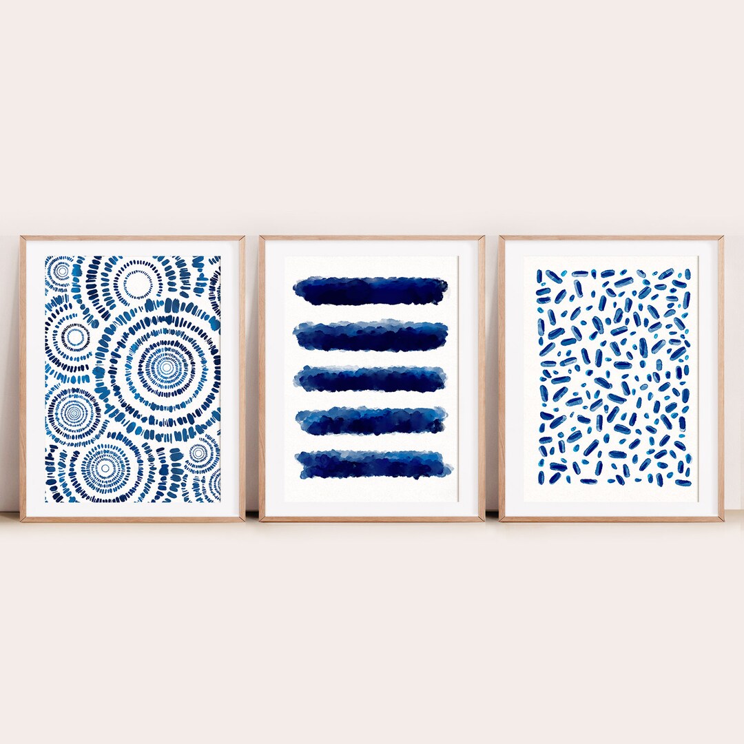 Indigo Abstract Watercolor Prints Set of 3 Blue Wall Art Minimalist Art ...