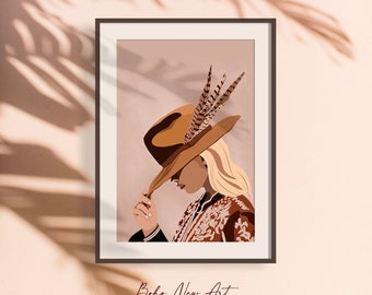 Boho woman Female Portrait, Modern Female Poster, woman fashion art, Printable Wall Art.