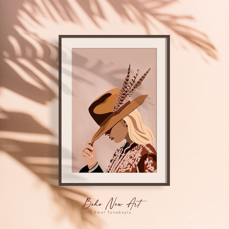 May include: A digital illustration of a woman wearing a brown hat with feathers and a patterned jacket. The background is a light pink color.
