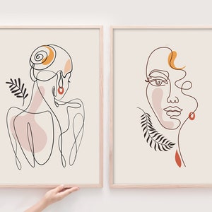 Female Line Drawing, Modern Minimalist Classy Elegant Abstract Art, One Line Drawing Print, Feminist Wall Art, Set of 2 Woman Face Line Art