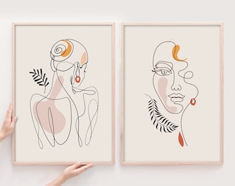Female Line Drawing, Modern Minimalist Classy Elegant Abstract Art, One Line Drawing Print, Feminist Wall Art, Set of 2 Woman Face Line Art