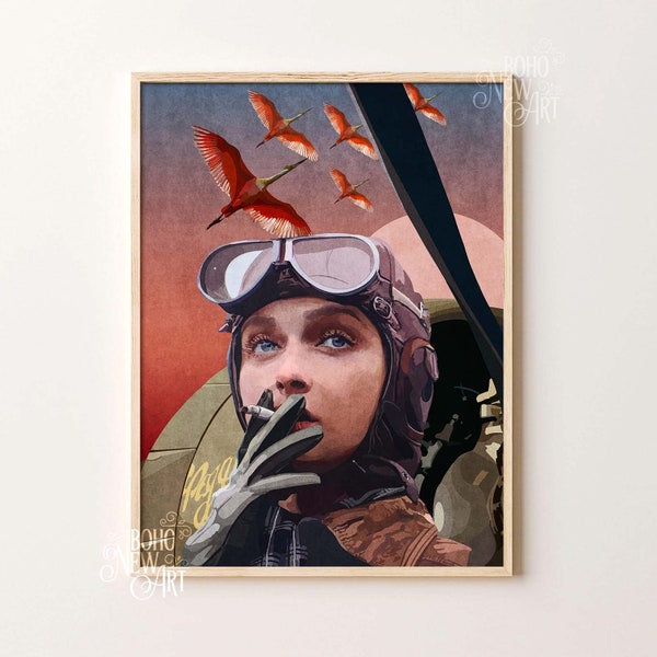 Vintage Woman Pilot Art Print Poster, Vintage Femme Pilot Art, Woman Posters, Female Portrait, Modern Woman Wall Decor, WallArt, Digital Art