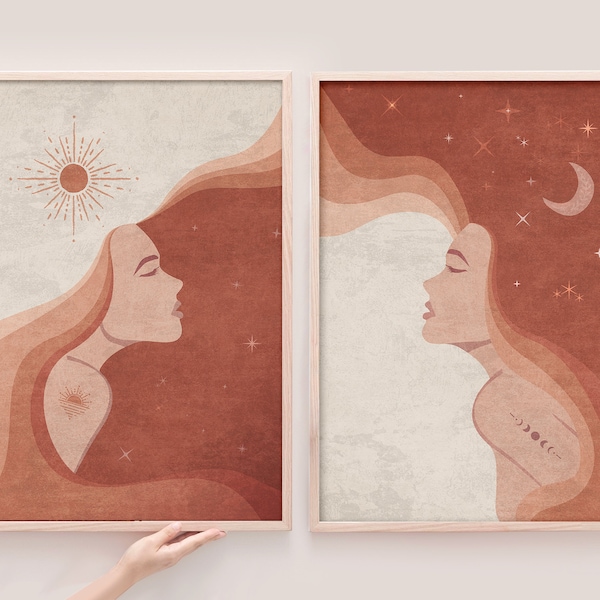 Nous nous complétons - Ensemble de 2 couples d’âmes sœurs - Sun and Moon Woman Wall Art, Affiche sur le féminisme, Autonomisation des femmes, Téléchargement instantané