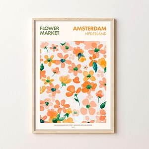 May include: A watercolor print featuring a floral pattern of orange and yellow flowers on a white background. The print has the text "FLOWER MARKET AMSTERDAM NEDERLAND" and "BOND FLOWERS OF CITIES - CURATED ART COLLECTION No.23" at the top and bottom.