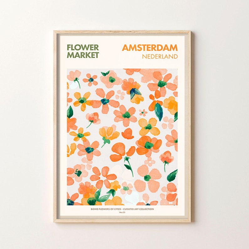 May include: A watercolor print featuring a floral pattern of orange and yellow flowers on a white background. The print has the text "FLOWER MARKET AMSTERDAM NEDERLAND" and "BOND FLOWERS OF CITIES - CURATED ART COLLECTION No.23" at the top and bottom.