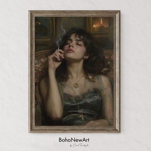 May include: A painting of a woman with dark hair sitting in a chair, wearing a green dress and a gold necklace. She is holding a cigarette in her hand and has her eyes closed. The painting is framed in a wooden frame.