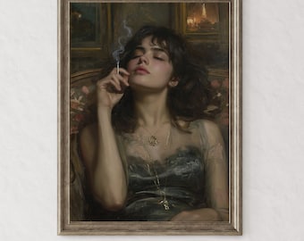 Ritratto di donna / Arte da parete vintage / Donna che fuma sigaretta / Arredamento lunatico scuro / Stampa accademica oscura Decorazione da parete antica / Stampa espositiva