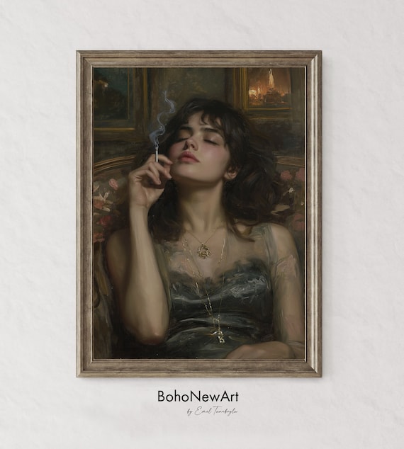 Woman Portrait | Vintage Wall Art | Woman Smoking Cigarette | Dark Moody Decor | Dark Academia Print Antique Wall Decor | Exhibition Print