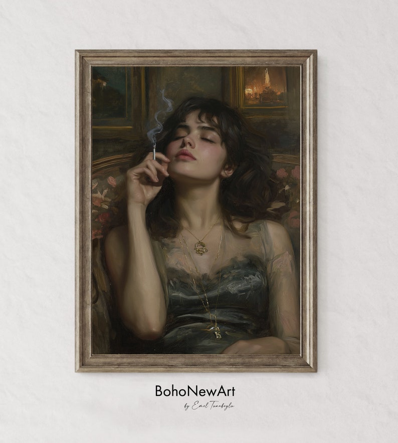May include: A painting of a woman with dark hair sitting in a chair, wearing a green dress and a gold necklace. She is holding a cigarette in her hand and has her eyes closed. The painting is framed in a wooden frame.