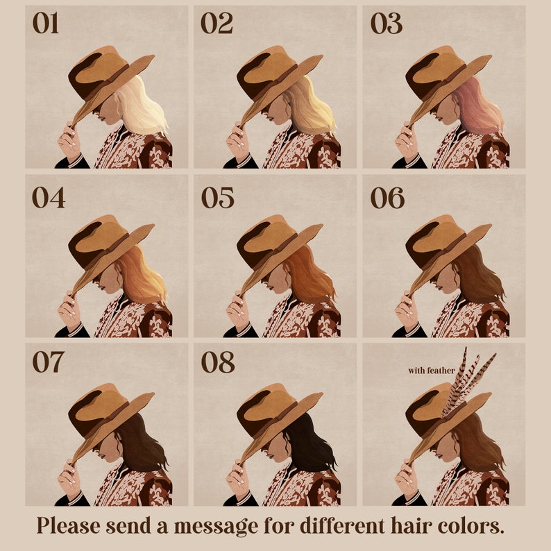 May include: A digital illustration of a woman wearing a brown cowboy hat and a patterned shirt. The woman is shown with different hair colors in a grid of nine images.