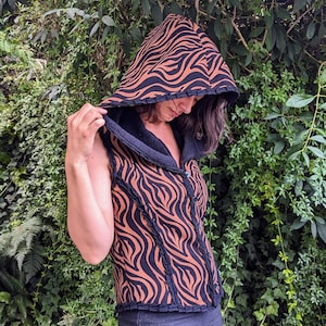 Warm sleeveless vest with large hood, unusual patterned jacket, soft and comfortable winter vest, hooded jacket