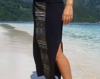 Black long skirt, lycra slit skirt with African pattern yoke, ethnic skirt, black stretch skirt with bogolon pattern, tribal skirt