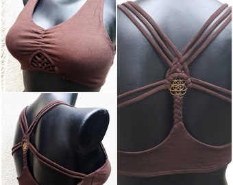 brassiere with fringe and jewelry motif &quot;flower of life&quot; in cotton and lycra, bralette crop top, festival top, boho, original halter top