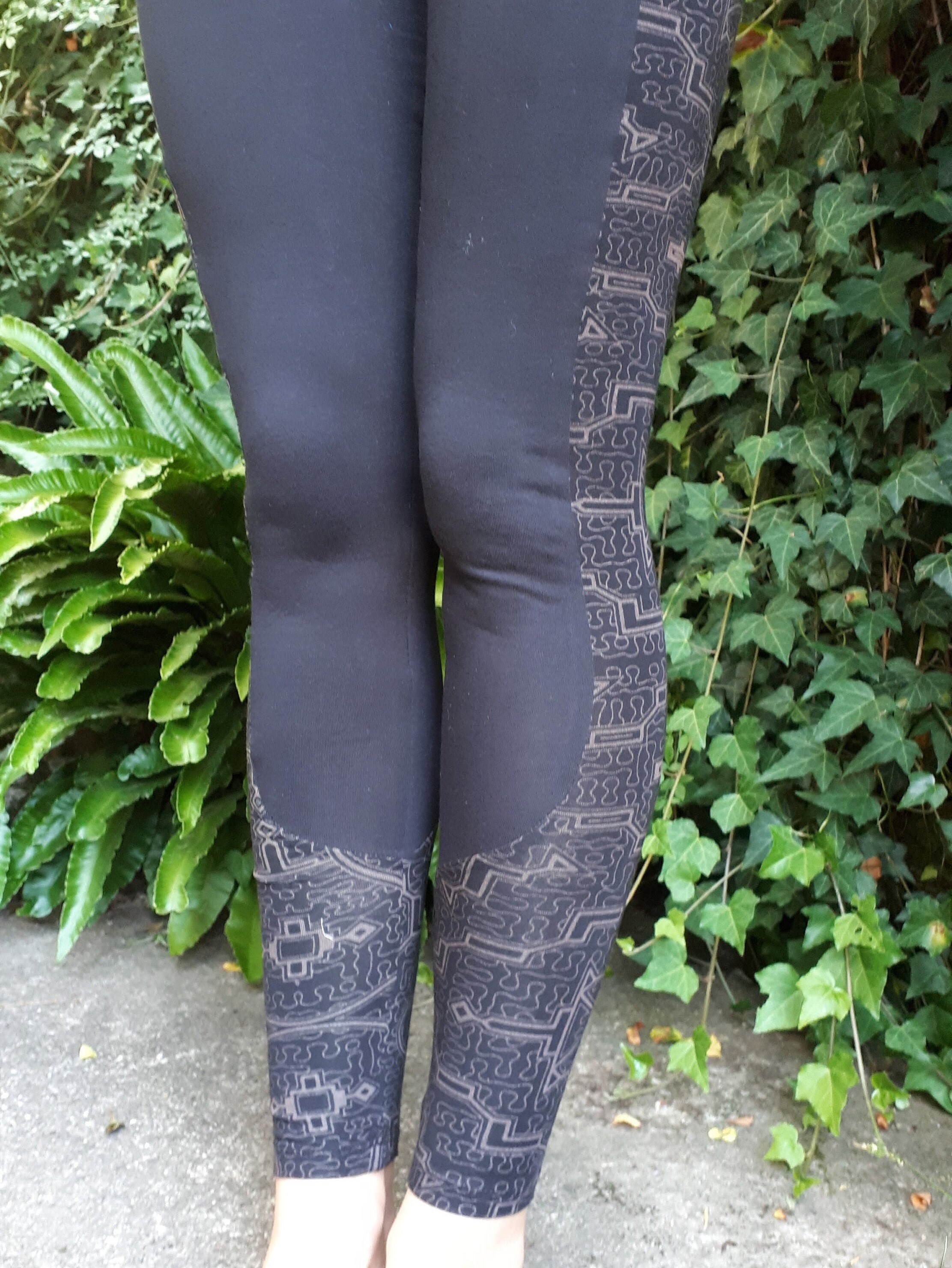 Black Stretch Cotton Leggin With Yuka or Fire Print, Yoga Pants, Tribal