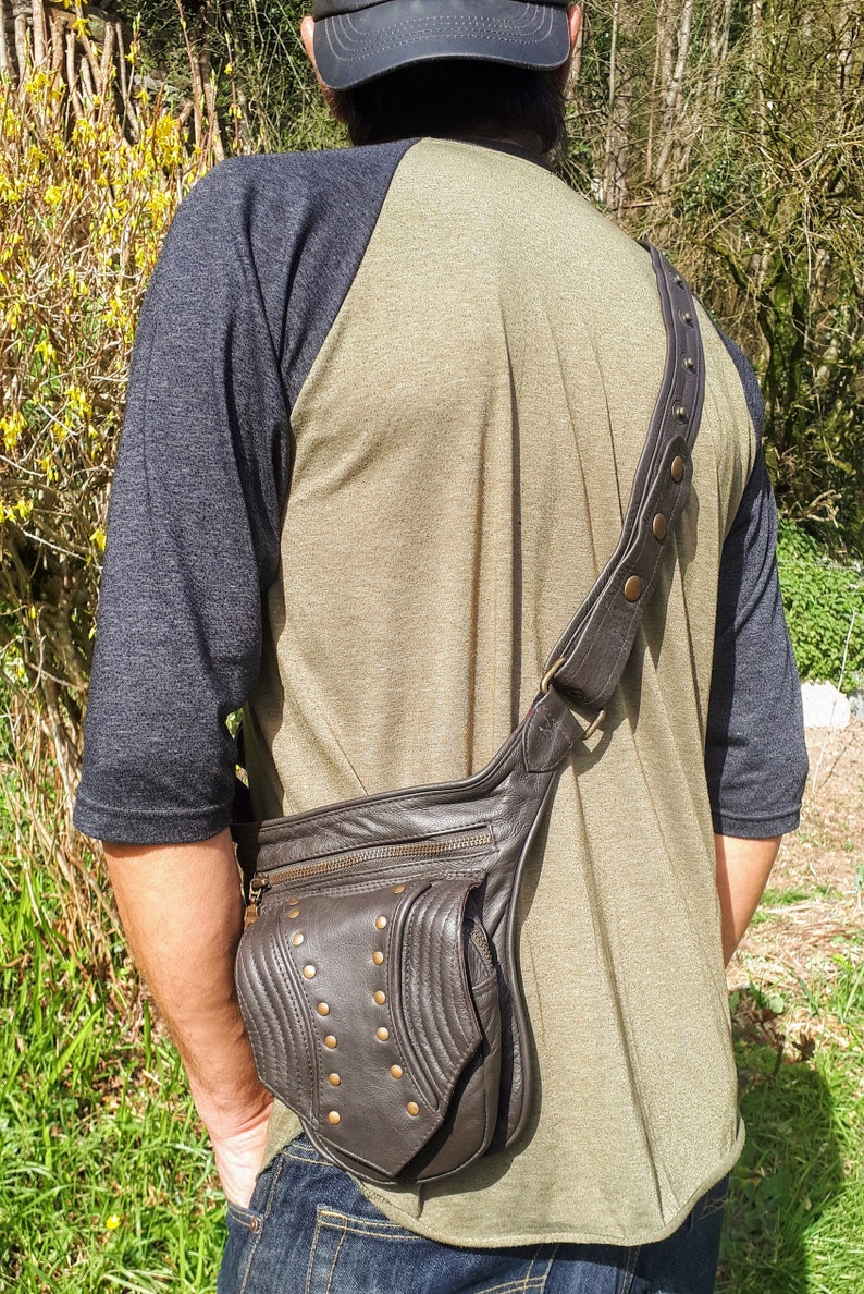 ceinture sacoche en cuir pour homme, ceinture utilitaire en cuir, pochette de hanche rivetée, sacoche en cuir véritable, sac bandoulière image 4