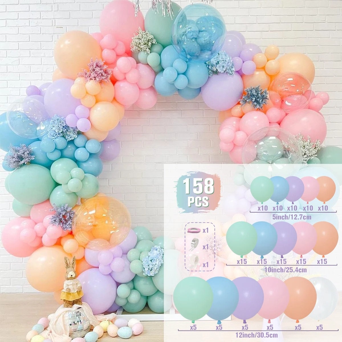 Lot de 151 ballons arc en ciel multicolores de 18 à 10 5 pouces Différentes  tailles Ballons en latex mat Couleurs assorties Pour fête d'anniversaire  fête prénatale mariage anniversaire de mariage 