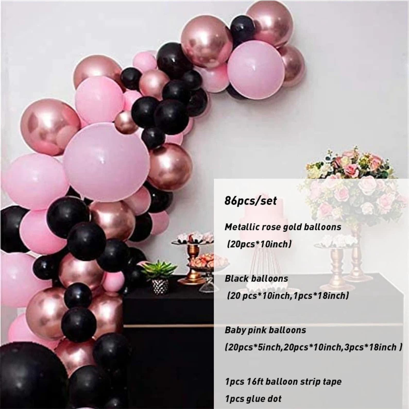 86pcs Black Pink Balloon Garland Arch Kit Rose Gold Metallic Balloons ...
