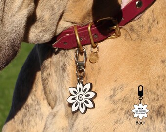 Targhetta identificativa personalizzata per cani con fiore: collare in acrilico con incisione personalizzata