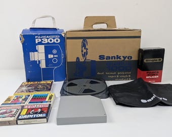 Vintage Sankyo Dualux 1000 Projector/Fuji P300 Cine Camera/Splicer/Films Bundle