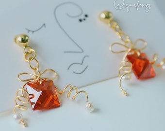 Unique gift shape earrings/ruby appearance/ pearl/14K gold