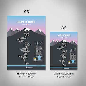 May include: Two black and white illustrations of the Alpe d'Huez cycling climb in France. The larger illustration is 11 3/4 inches by 16 1/2 inches and the smaller illustration is 8 1/4 inches by 11 3/4 inches. Both illustrations feature a map of the climb, the name of the climb, and the location of the climb.