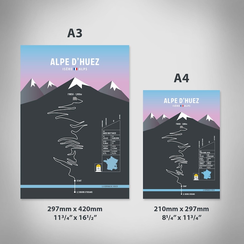 May include: Two black and white illustrations of the Alpe d'Huez cycling climb in France. The larger illustration is 11 3/4 inches by 16 1/2 inches and the smaller illustration is 8 1/4 inches by 11 3/4 inches. Both illustrations feature a map of the climb, the name of the climb, and the location of the climb.
